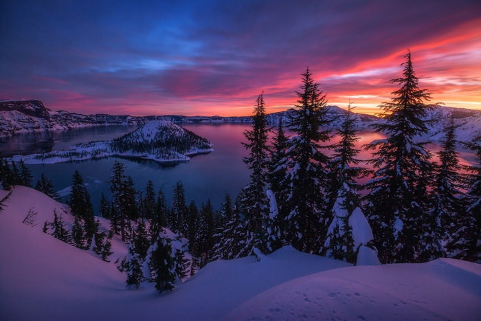 Crater Lake Winter Sunset with Wizard Island