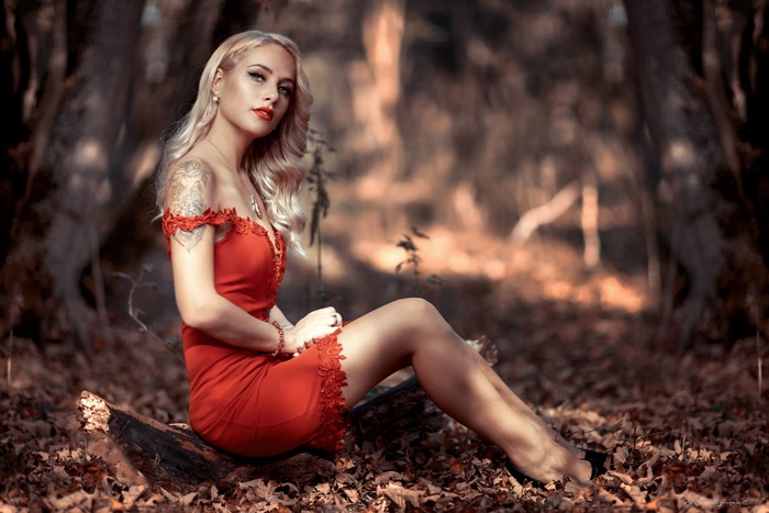 Blonde Model in Red Dress Sitting Among Autumn Leaves