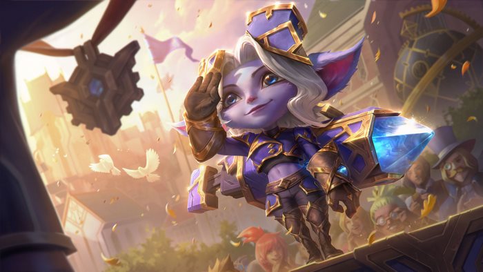 Tristana salutes heroically in a vibrant League of Legends scene