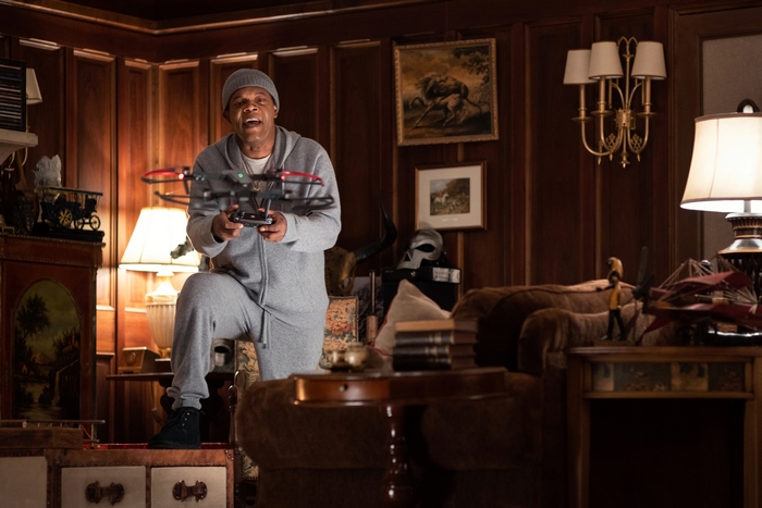 Samuel L. Jackson flying a drone in The Protégé