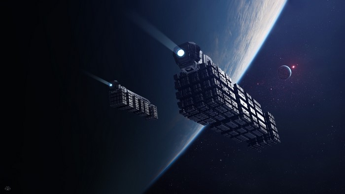 Cargo Ships in Space Orbiting Planet