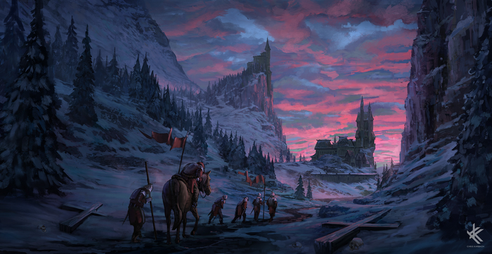 Knights on a long difficult path to a snowy mountain castle