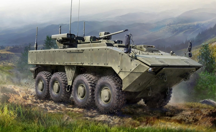 Bumerang-BM armored vehicle in mountainous landscape