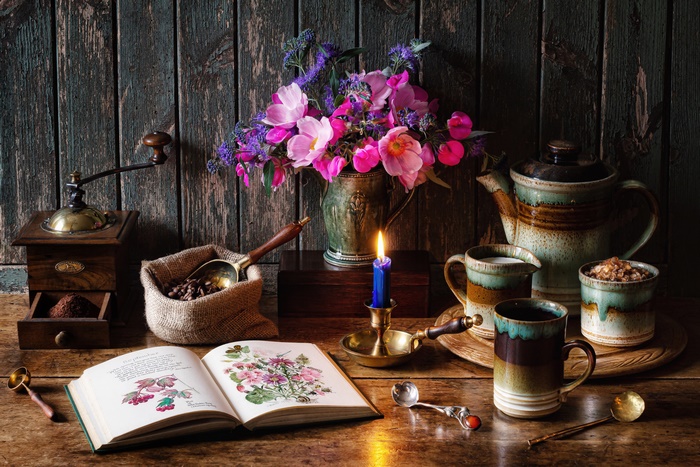 Cozy Coffee Still Life with Flowers and Book 4K