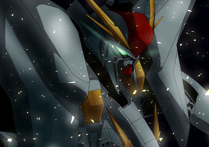 Gundam Mecha with Glowing Eyes in Space