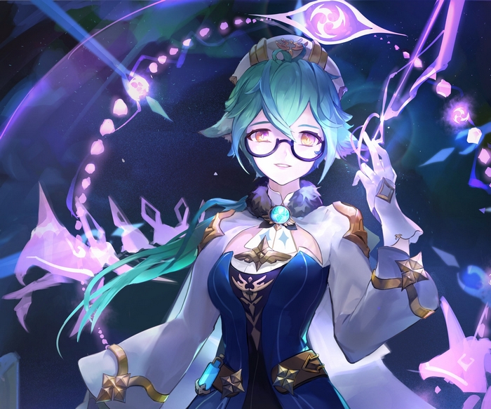 Sucrose (Genshin Impact) with glowing purple magic