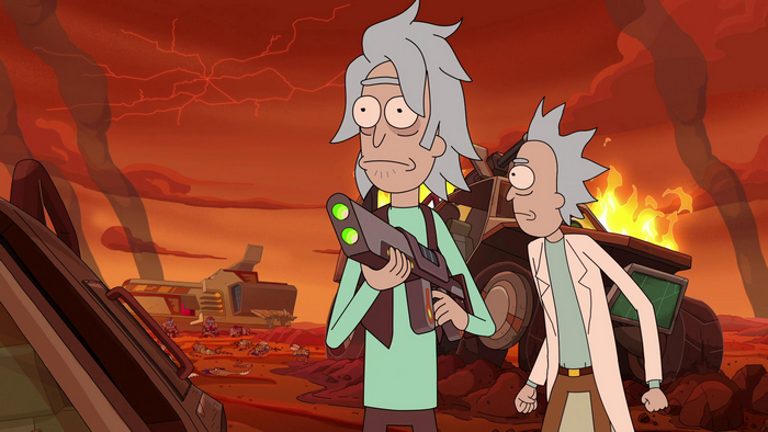 Rick and Morty: Two Ricks in a fiery, desolate world