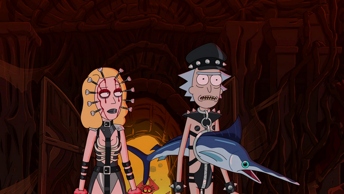 Rick Sanchez and Beth Smith in BDSM gear with marlin