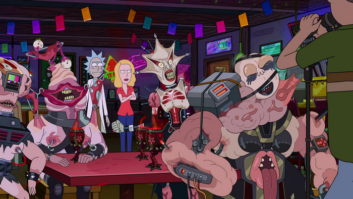 Rick and Morty at a bizarre alien karaoke bar