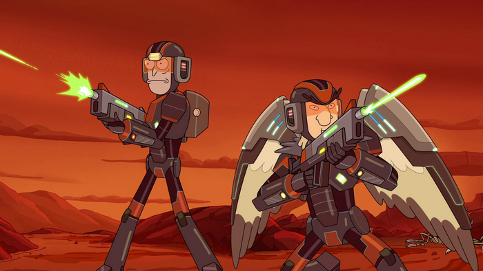 Rick Sanchez and Birdperson in armored combat
