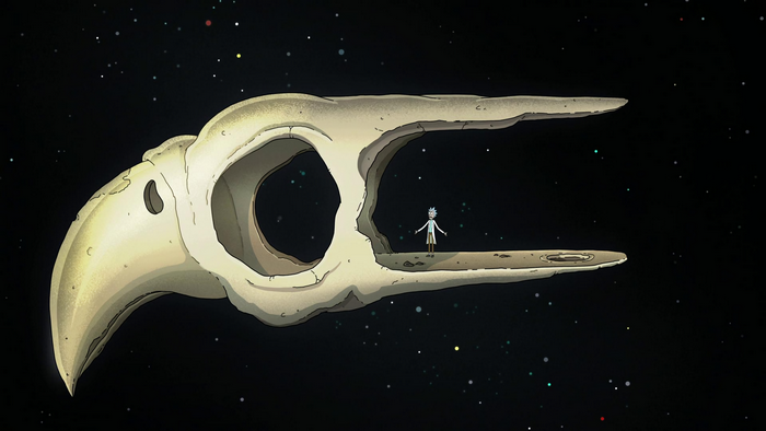 Rick Sanchez in Giant Bird Skull in Space