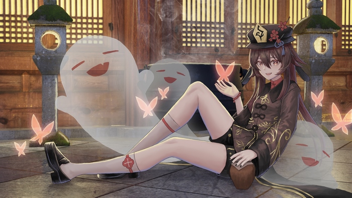 Genshin Impact Hu Tao relaxing with her ghosts