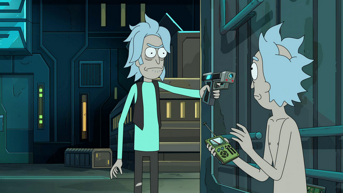 Rick Sanchez aiming gun at alternate Rick