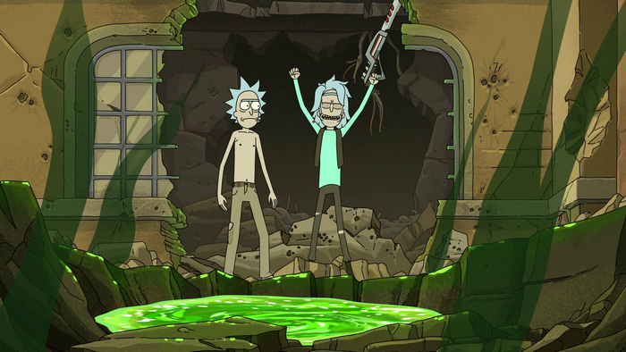 Rick And Morty: Ricks celebrating in a ruined dimension