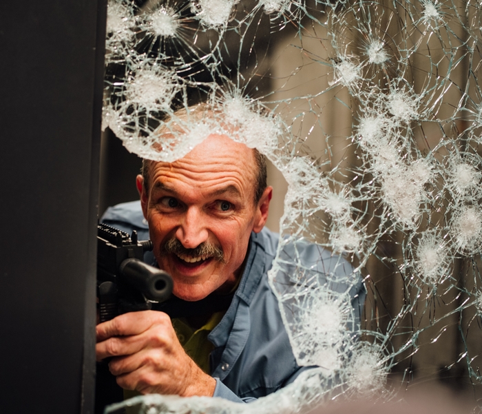 Toby Huss with gun through broken glass, Copshop 4K