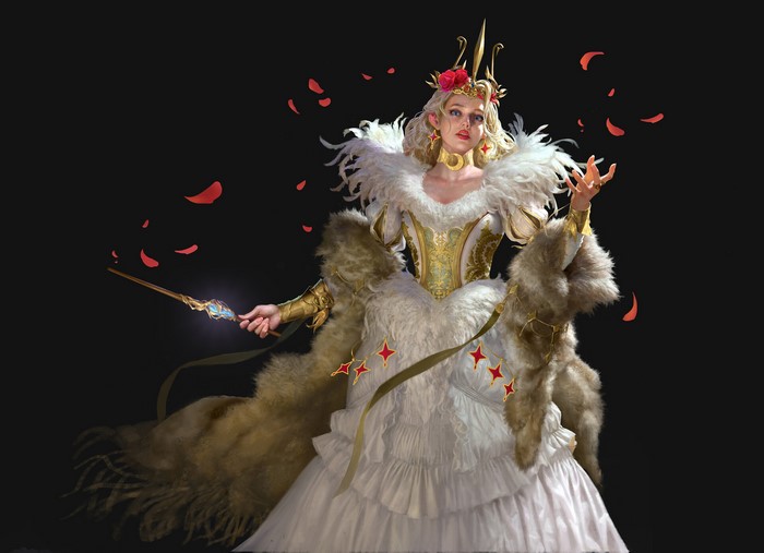 Royal Queen with Magic Wand and Falling Rose Petals