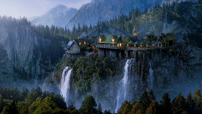 Rivendell Elven City with Waterfalls at Night
