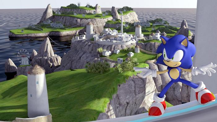 Sonic the Hedgehog grinding on Windmill Isle
