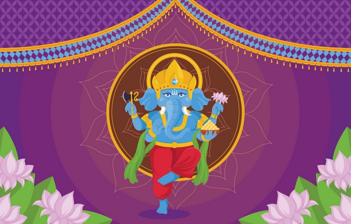 Lord Ganesh dancing with axe, lotus, and sweets