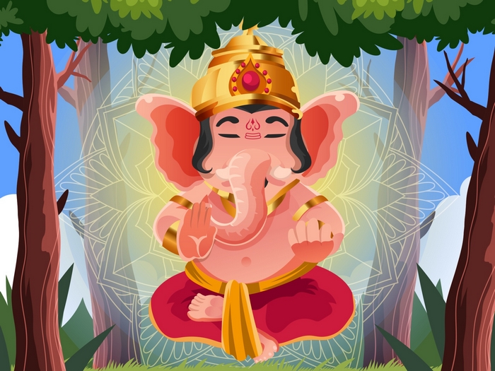 Ganesh meditating with a spiritual mandala in forest