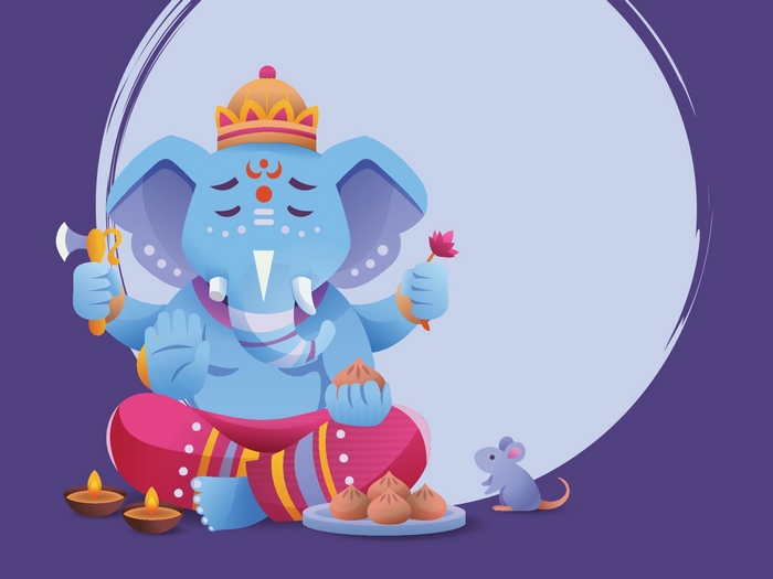 Ganesh Illustration with Modaks and Mushika