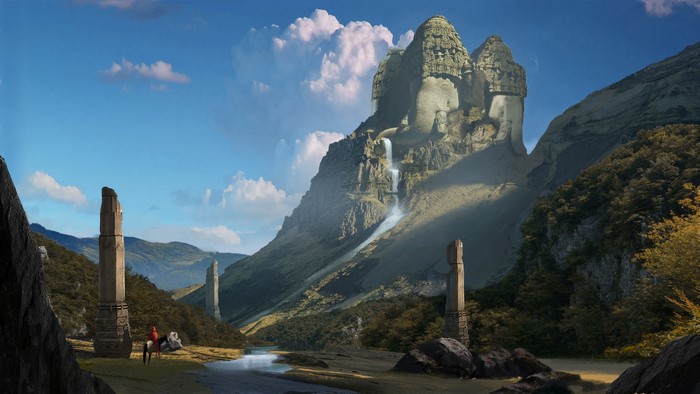 Ganesh Mountain Temple with Waterfall and Ancient Pillars