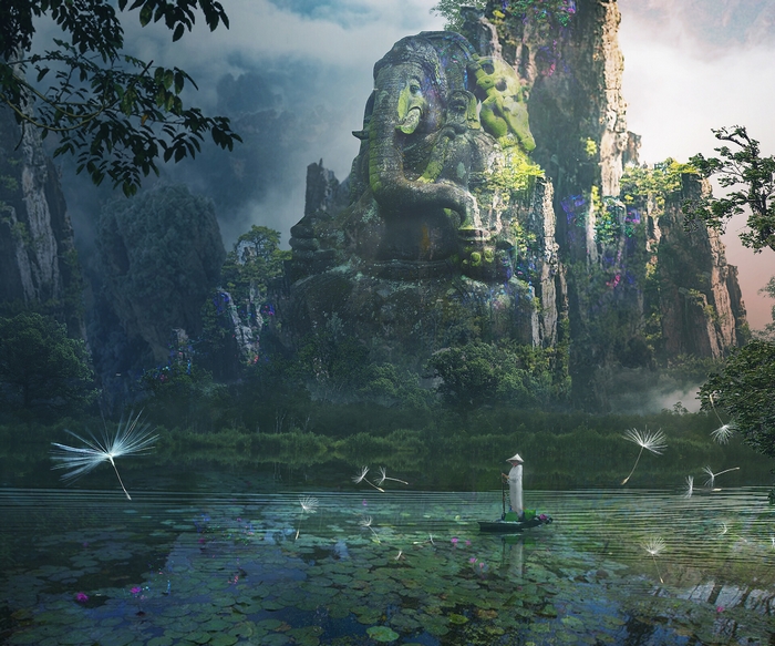 Majestic Ganesh Statue in Mystical Landscape