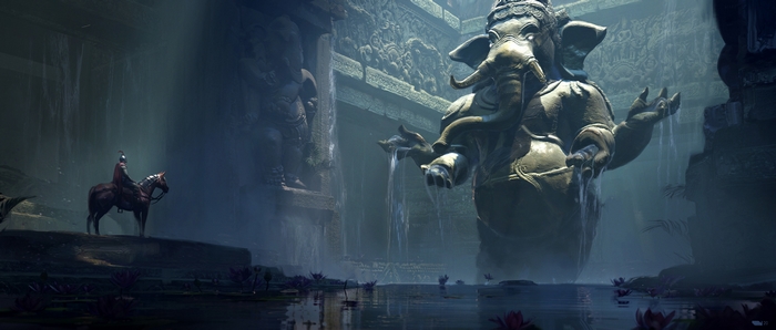Mystical Ganesh temple with rider and waterfalls
