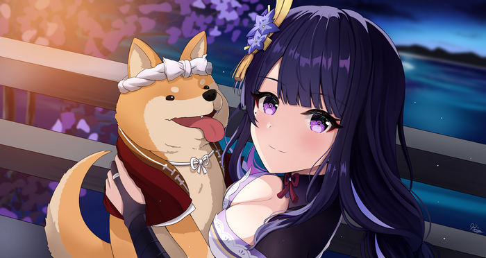 Baal Raiden Shogun and Shiba Inu from Genshin Impact