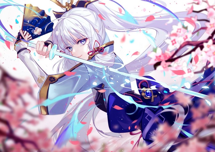 Kamisato Ayaka (Genshin Impact) with glowing sword and blossoms