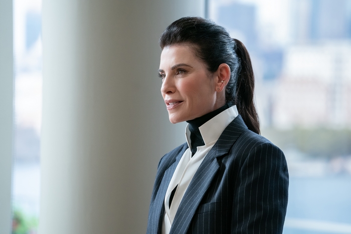 Julianna Margulies in a pinstripe suit for The Morning Show