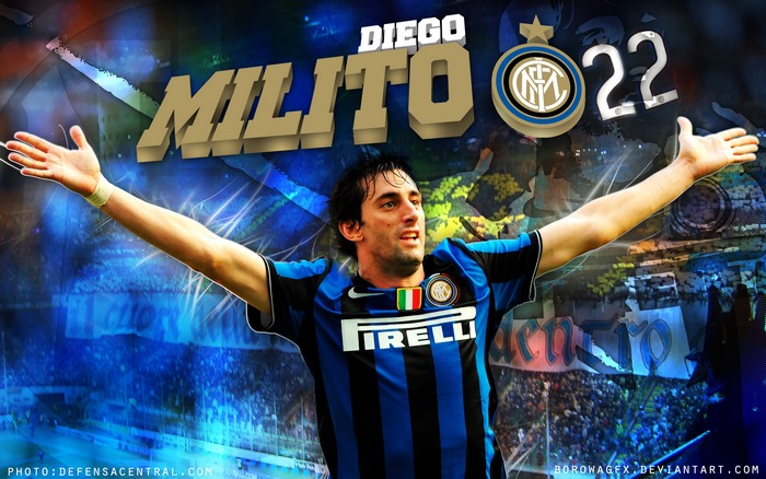 Diego Milito celebrating in Inter Milan jersey