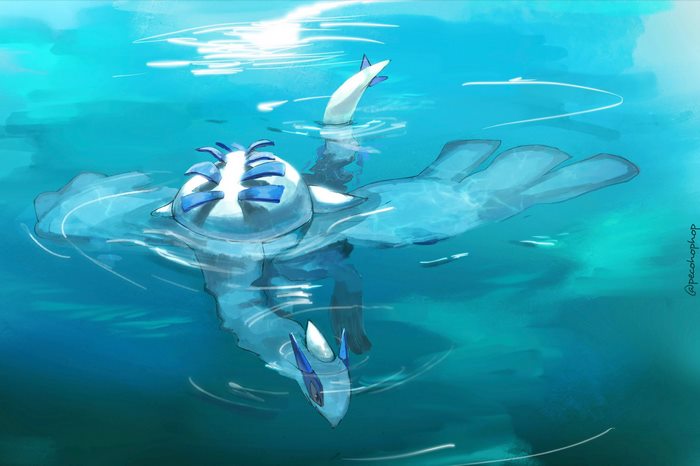 Pokémon Lugia swimming in blue water