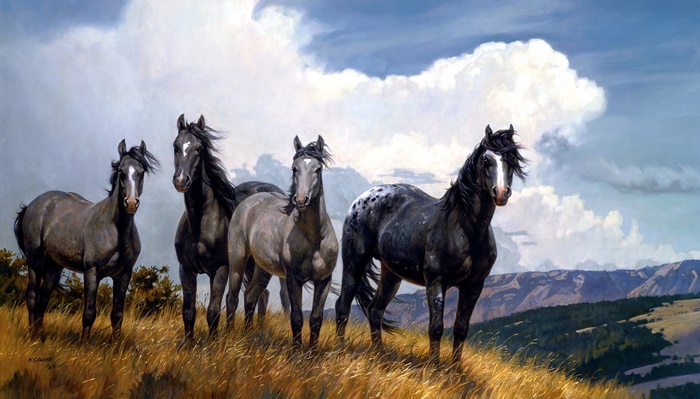 Four Wild Horses on a Hillside Painting 4K