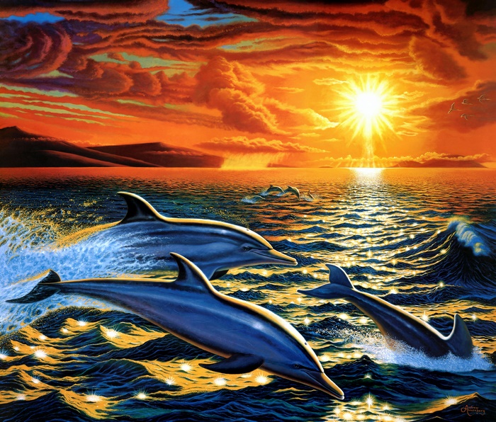 Artistic Painting of Dolphins at Sunset