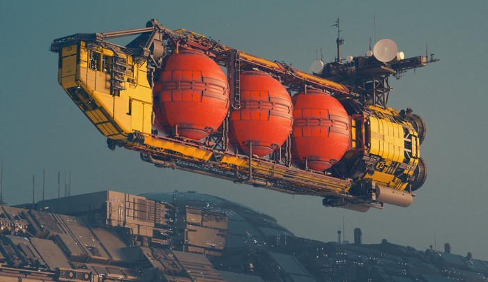 Sci-Fi Cargo Spaceship with Red Pods