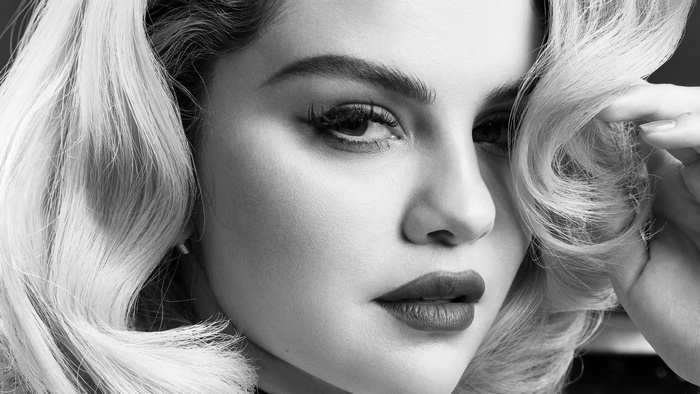 Selena Gomez Black and White Close-up Portrait 4K