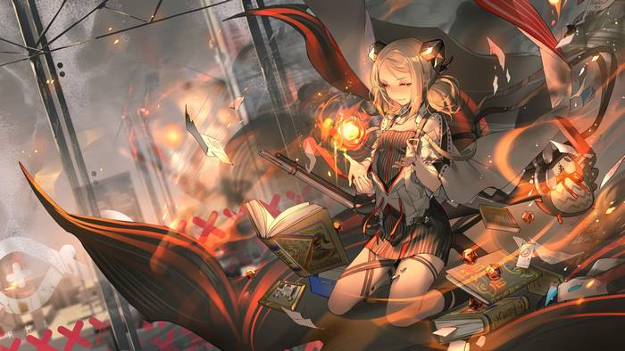Arknights Girl with Glowing Orb and Books
