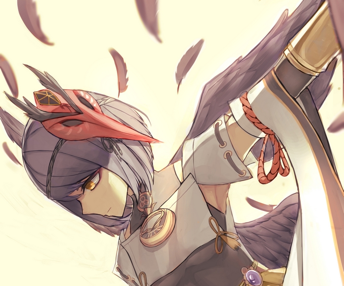 Kujou Sara with bird mask and falling feathers