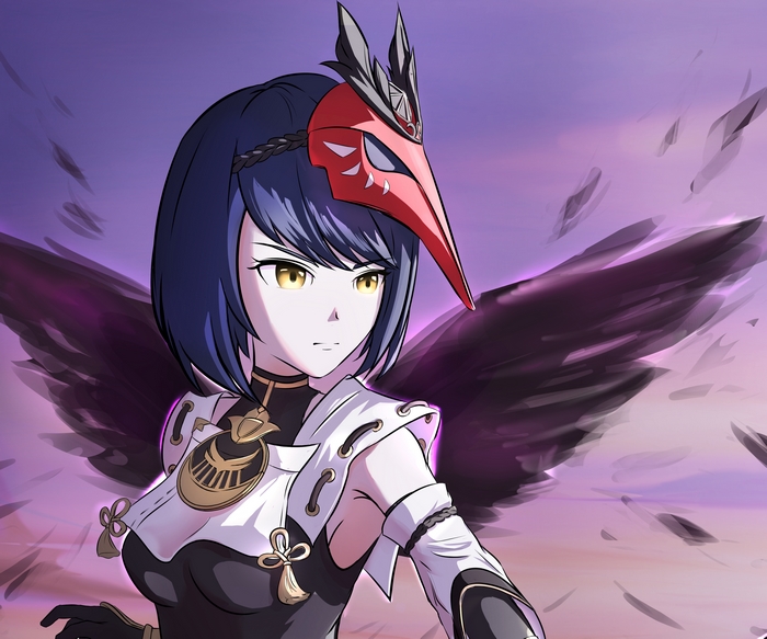 Kujou Sara from Genshin Impact with raven mask and wings