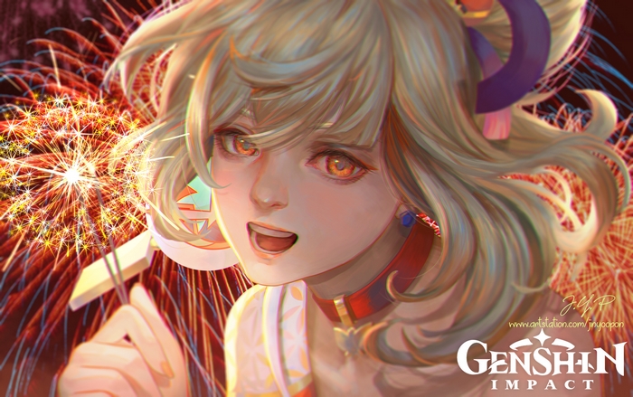 Genshin Impact Yoimiya with bright fireworks