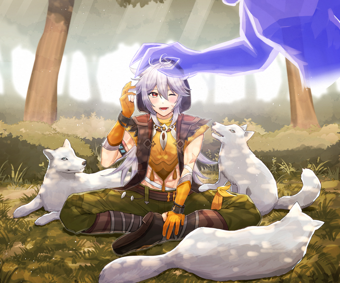 Razor (Genshin Impact) getting head pats from spirit with wolves