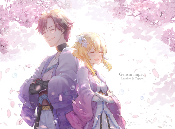 Genshin Impact Lumine and Teppei with cherry blossoms