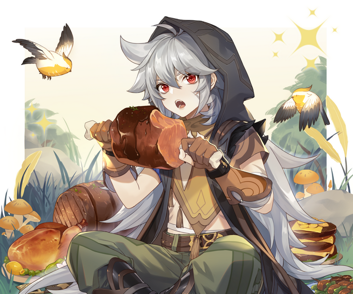 Razor (Genshin Impact) enjoying a feast outdoors