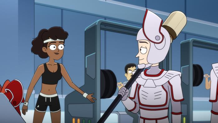 Beckett Mariner smiles in gym with Starfleet cadet
