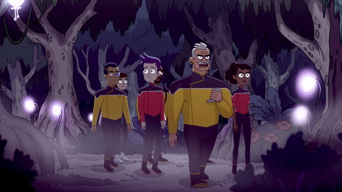 Star Trek Lower Decks crew exploring glowing alien forest