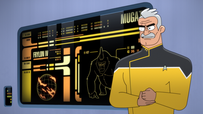 Star Trek Lower Decks Shaxs angry at Mugatu display