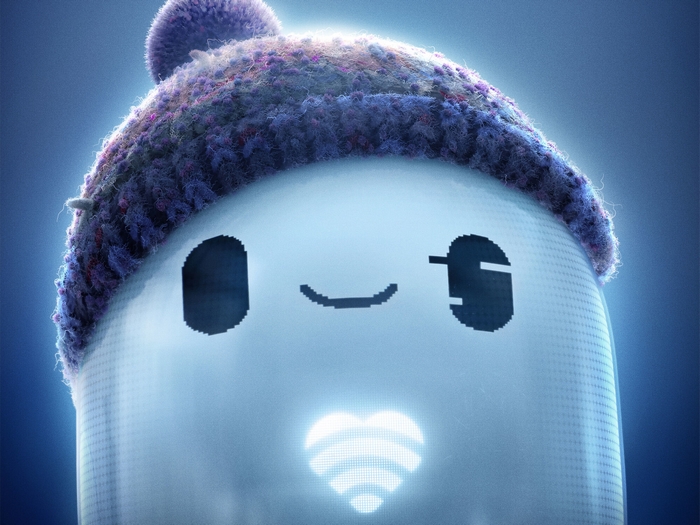 Ron from Ron's Gone Wrong with glowing heart and knitted hat