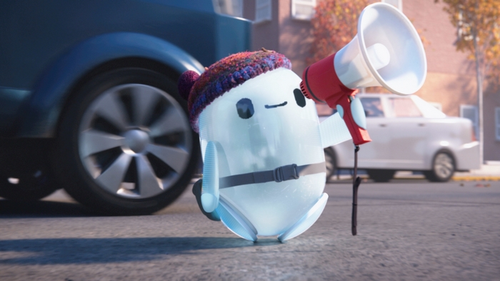 Ron from Ron's Gone Wrong with hat and megaphone