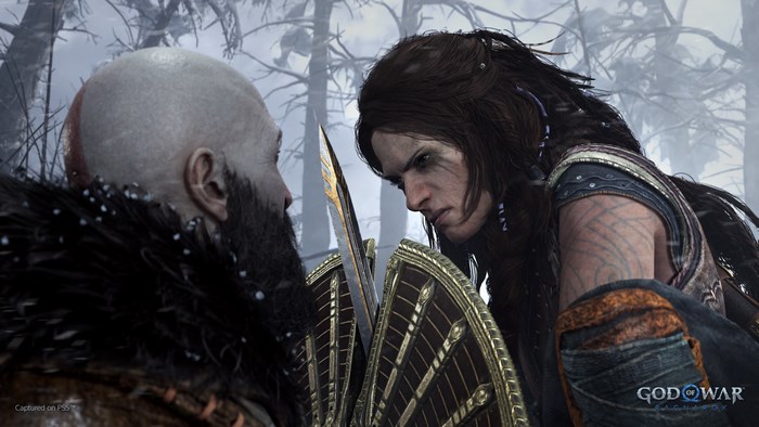 Kratos and Freya's intense face-off in God of War 4K